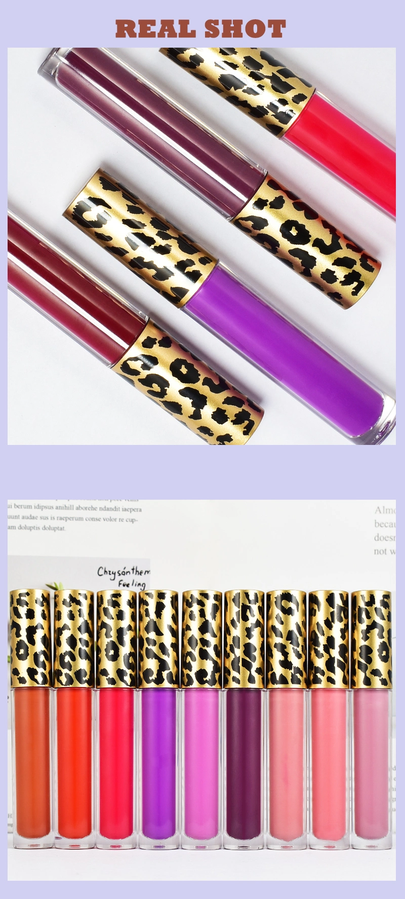 Custom Logo Leopard Design Vegan Matt Matte Purple Lip Gloss Cosmetics Makeup Lipgloss Supplier