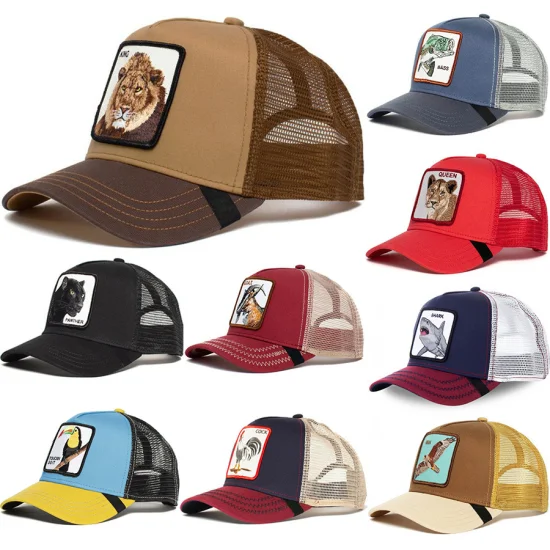 Berretto da baseball a 5 pannelli con animali, cartone animato, protezione solare, ricamo in rete, camionista, pantera nera, gallo, cappello da lupo